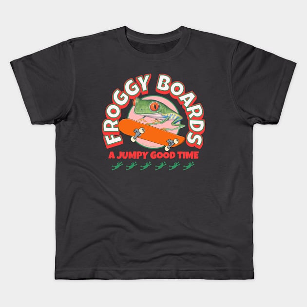 Funny and Cute Flying Frogs with a Red Eyed Tree Frog riding a  skateboard having a jumpy good time tee Kids T-Shirt by Danny Gordon Art